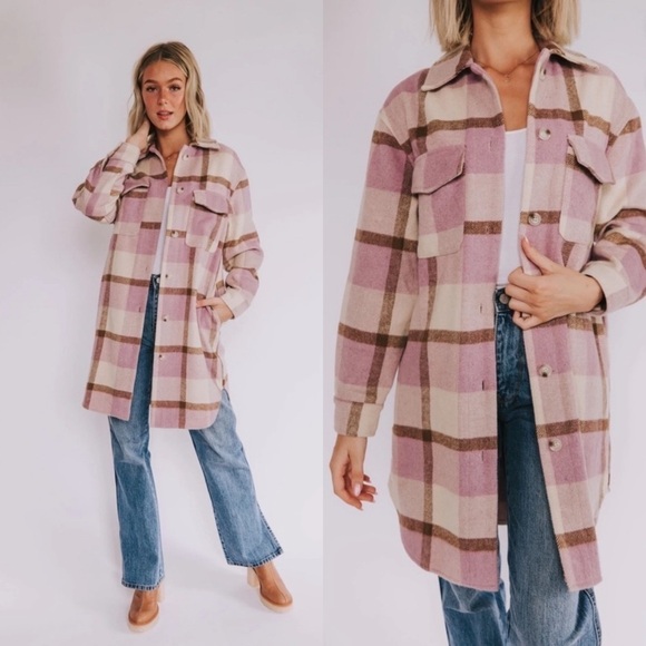 NWT‎ Blank NYC Long Plaid Shacket in Purple and Brown Size Large - Picture 1 of 8